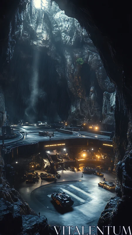 Subterranean starport hums beneath a rain‑lit cavern skylight