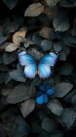 Blue butterfly on dark foliage with matching blue flower.