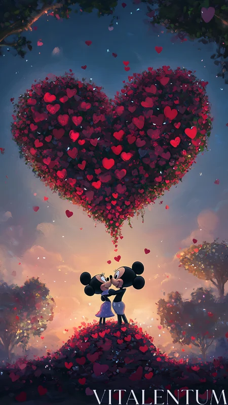 Mickey Mouse silhouette holds giant floating heart of scattered red particles