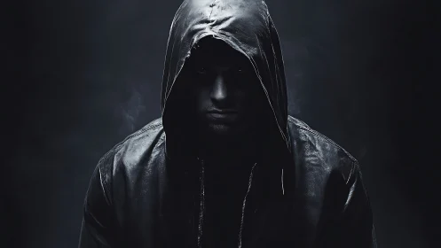 Hooded figure emerging from darkness in moody portrait.