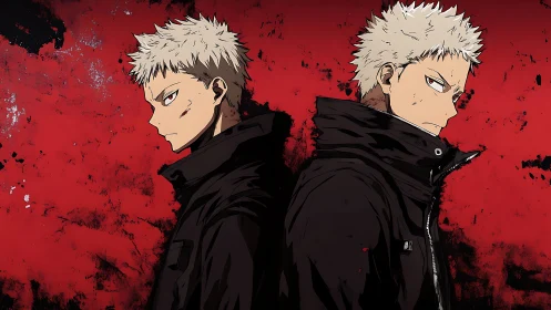 Twin tempers in black coats brood against a bleeding sky