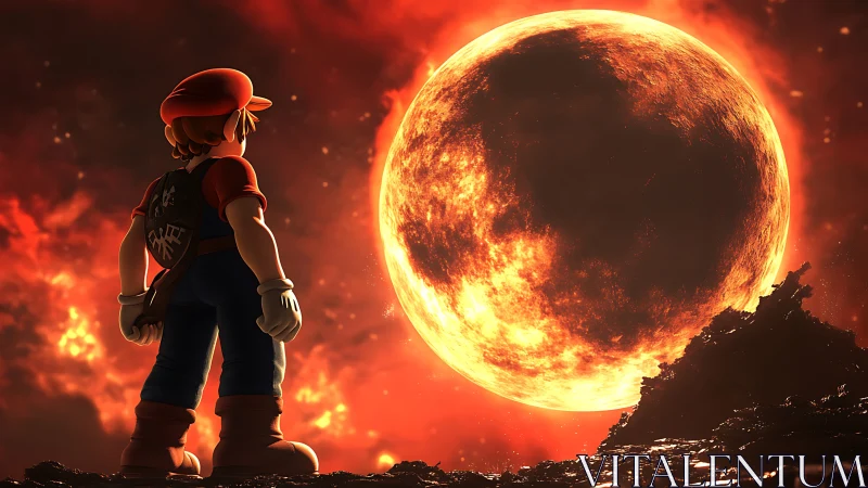 Volumetric-lit cartoon hero observes eruptive molten planet horizon