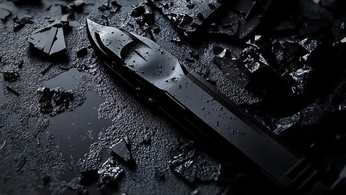 Sleek black utility knife on wet shattered surface at night.