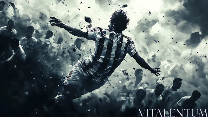 Soccer player dives midair through swirling monochrome crowd