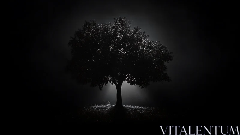 Solitary tree silhouette lit from behind in darkness.