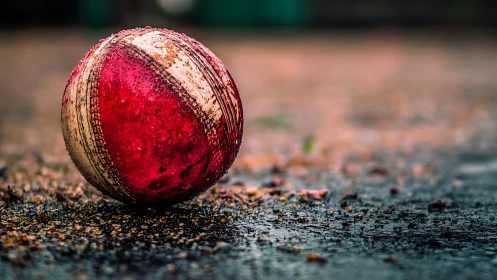Weathered cricket ball rests on wet gritty ground after play