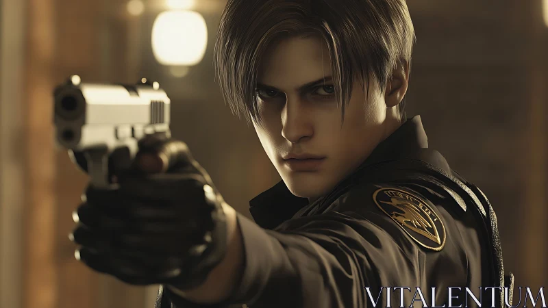 Steel-gazed rookie cop aims justice through golden haze.