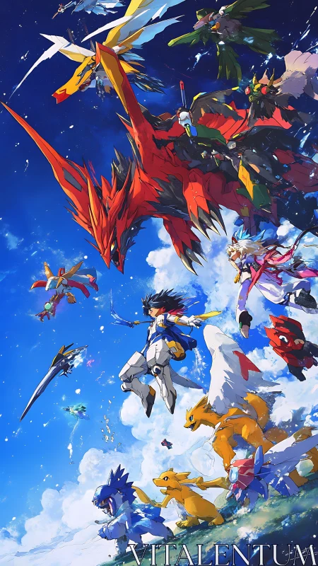 Vertical aerial charge of armored riders and digital beasts