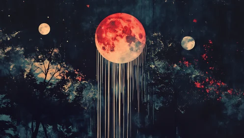 Crimson moon drips light across a dark forest sky.