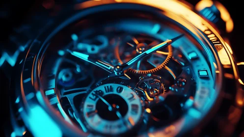Macro view of illuminated skeleton watch mechanism.