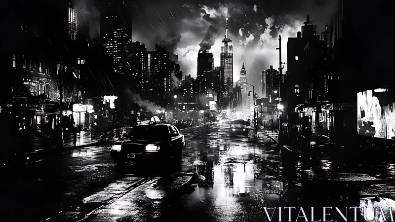 Rain soaked city street reflects distant skyscraper skyline