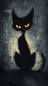 Stylized black cat silhouette with intense yellow eyes.