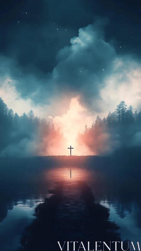 Backlit cross emerges through volumetric fog over tranquil lake