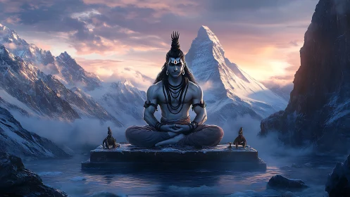 Monumental Shiva meditation figure in cinematic Himalayan dawn
