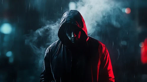Shadowed hooded figure in neon rain with cinematic glow.