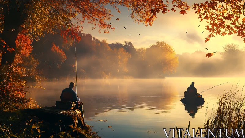 Amber hush over anglers drifting through misty autumn calm.