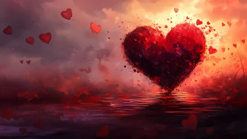 Massive Red Heart Explodes Against Fiery Sky.