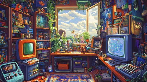 Cozy retro gamer den glowing with color and outside sunshine.