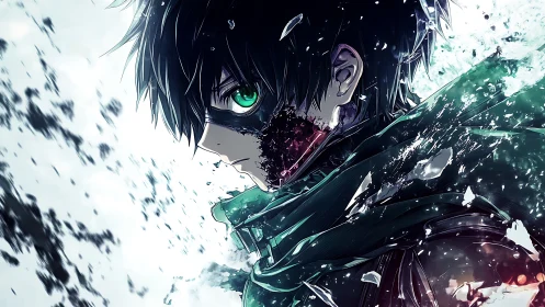 Anime profile portrait with fractured cloak and energy shards.