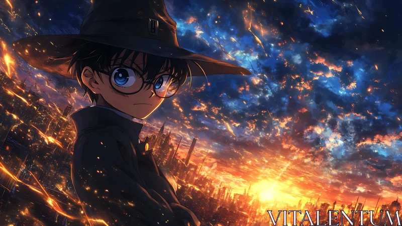 Skyline witchling surveys a neon emberstorm horizon.