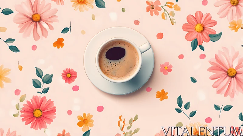 Espresso Cup Centered Among Vibrant Floral Pattern Design