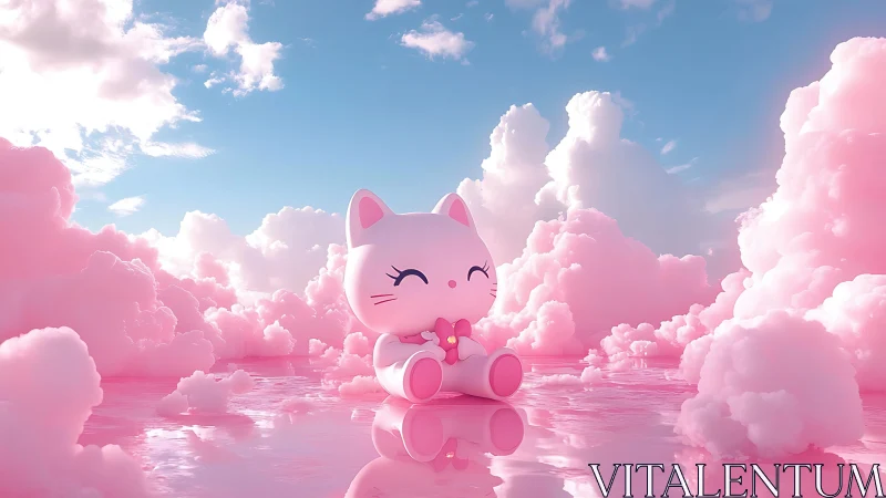 Kawaii cat figurine on reflective cotton candy cloudscape.