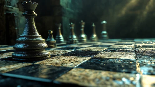 Metal chess king stands on worn, wet stone chessboard