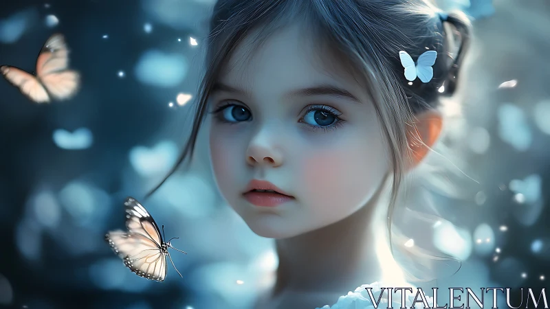 Young girl portrait with butterflies in ethereal blue setting