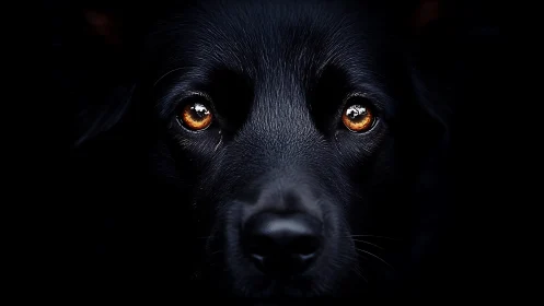 Midnight canine gaze with ember-bright, soulful eyes.