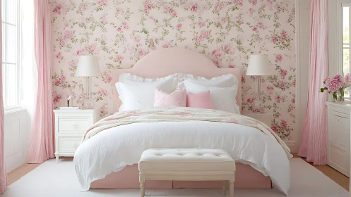 Blush blossoms drift around a cloud-soft pink bedroom retreat