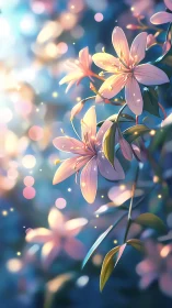 Illuminated Pink Flowers with Bokeh Light Effects.