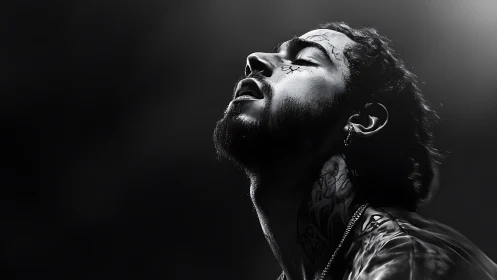 Monochrome side profile of tattooed male subject, head raised.