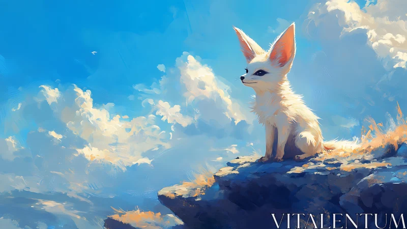 Small foxlike creature on rocky ledge under open sky.