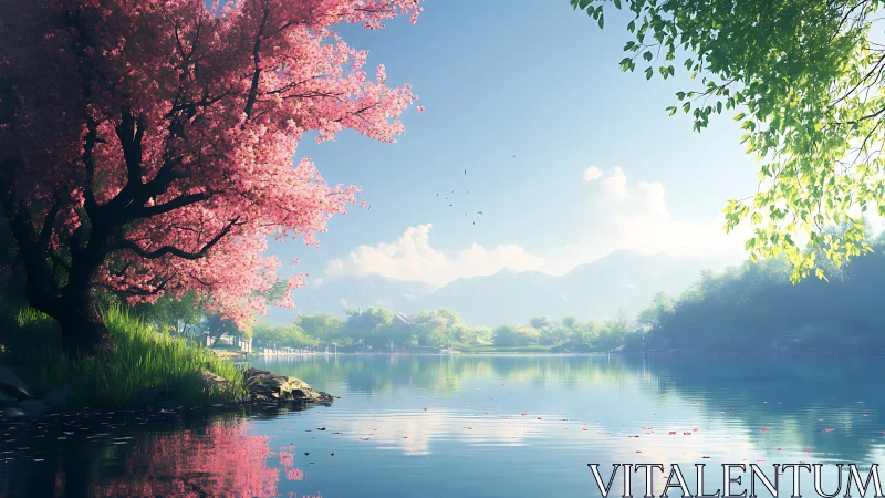 Digital painting of tranquil lakeside cherry blossoms at dawn.