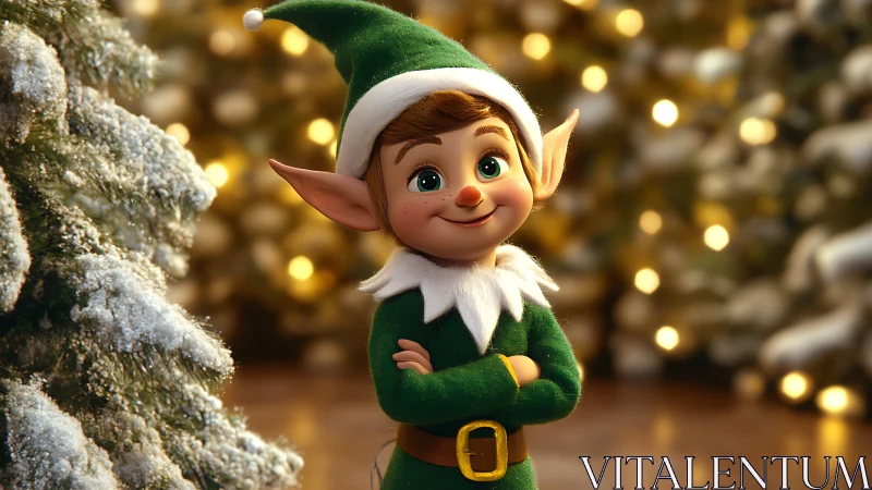 Cheerful Christmas elf amid glowing holiday lights.