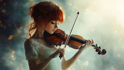 Softly glowing violin daydream with a fiery haired muse.