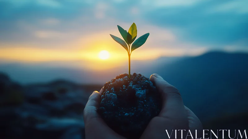 Hands Holding Seedling Against Sunrise in Nature, Hopeful Mood.