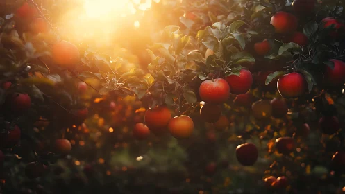 Backlit ripe apple branches in low-angle golden hour sunlight