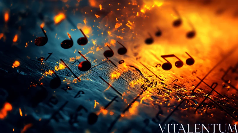 Musical notation ignites over molten blue and orange waves.