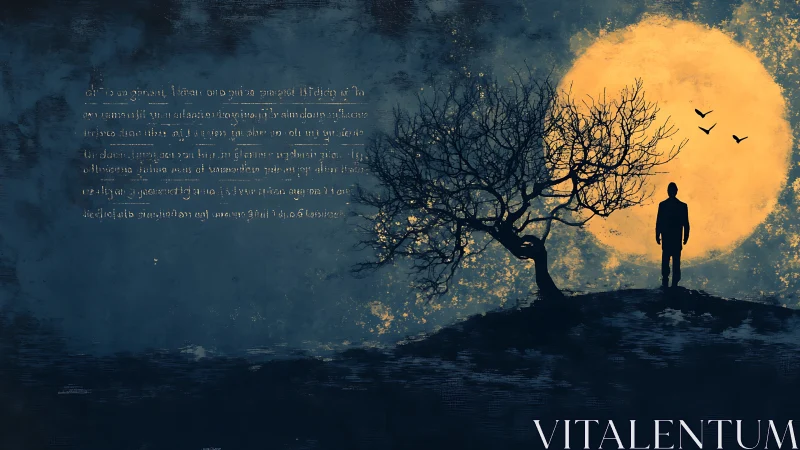Silhouetted figure observes full moon behind stark winter tree