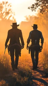 Cinematic western gunslingers in backlit sunset composition.