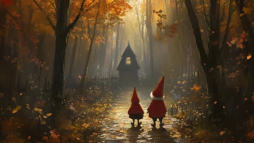 Gnome figures on forest path approaching distant cottage.