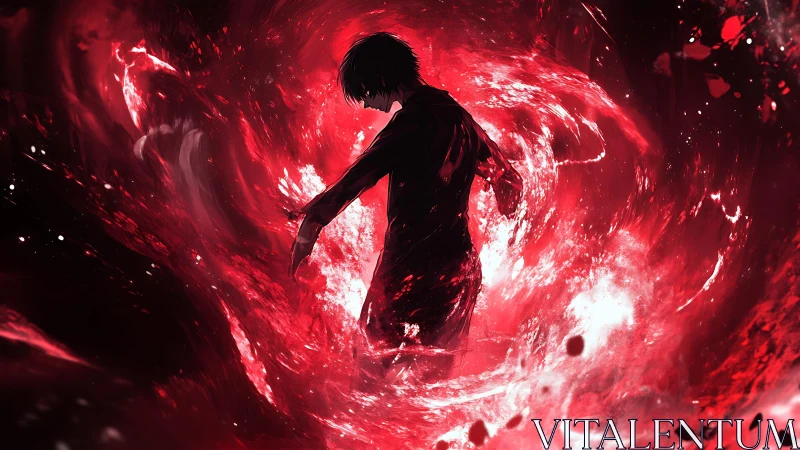 Swirling red energy wraps a lone figure in a dramatic storm