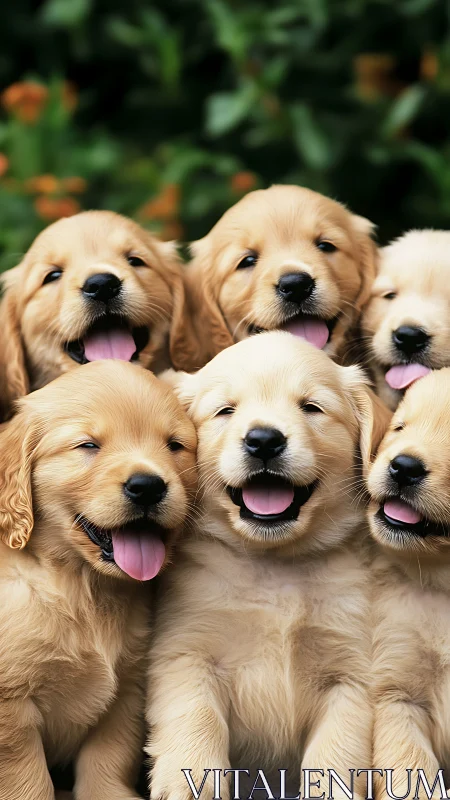 Golden retriever puppies cluster under soft garden light.