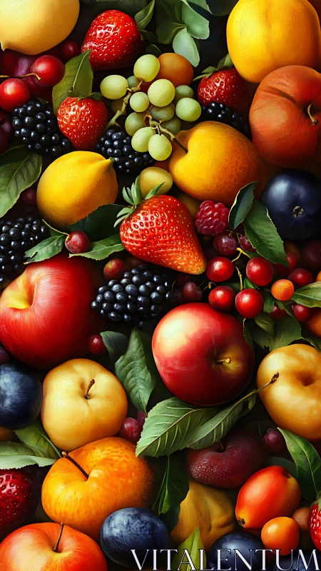 Orchard kaleidoscope where ripe fruits tumble in lush color.