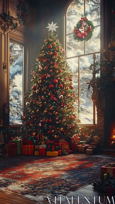 Photorealistic holiday interior with illuminated Christmas tree.