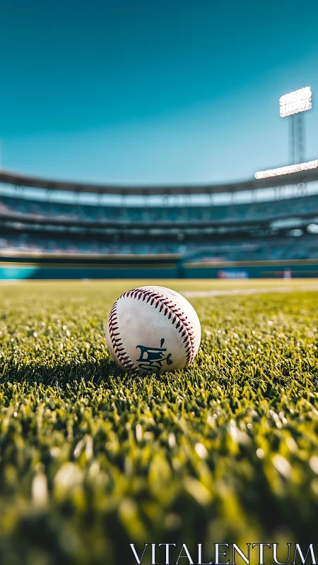 Sunlit baseball on grass with blurred stadium backdrop.