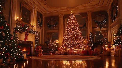 Grand festive hall with illuminated Christmas tree and fireplace
