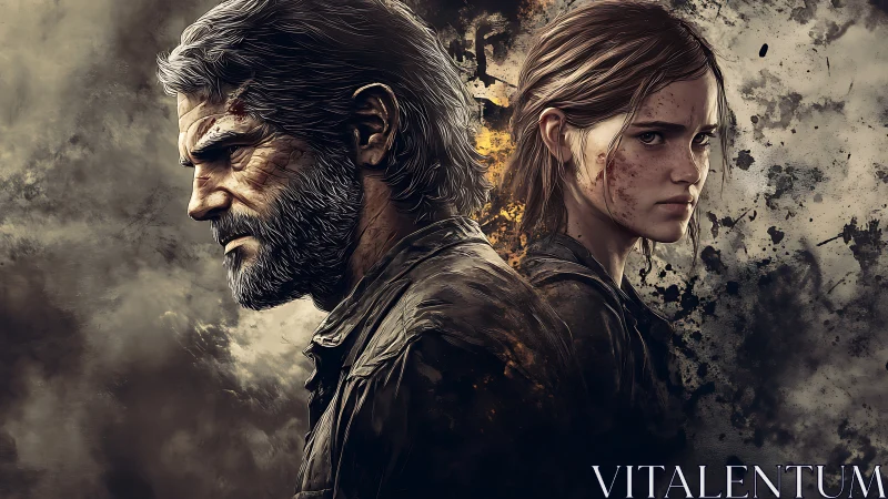 Grim wanderers back to back in storm of fractured ash.