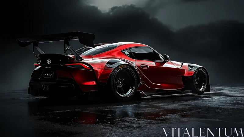 Red tuned sports car on wet asphalt under dark sky.
